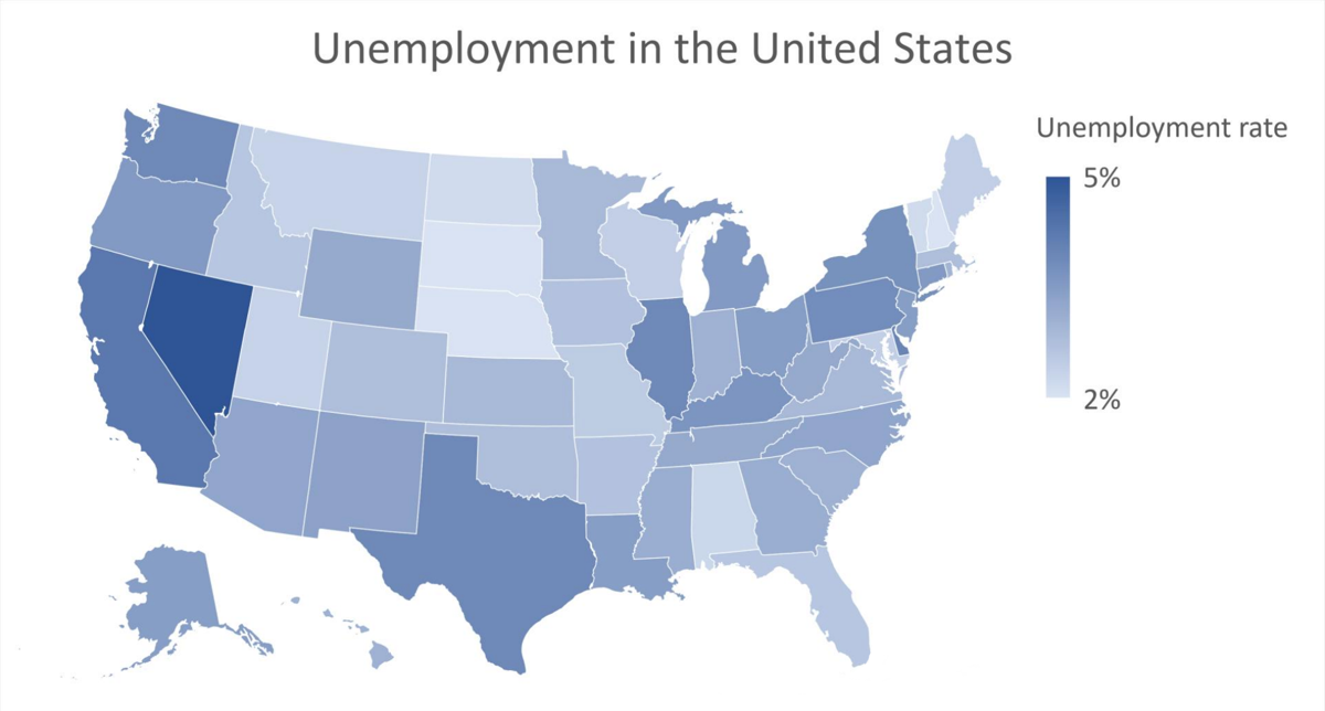 Map of unemployment trends in the United States relevant to state unemployment eligibility during shutdown